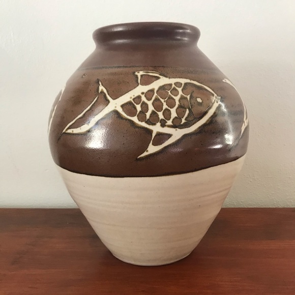 Vintage Japanese studio pottery ceramic wabi sabi fish vase - Picture 6 of 12
